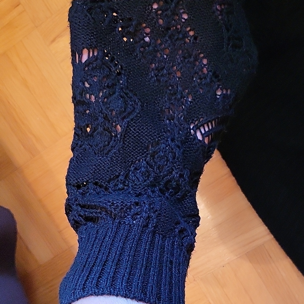 Belldini Black Elegant Open Cardigan Sweater, Crochet Lace Back & Sleeves, M - Picture 14 of 16